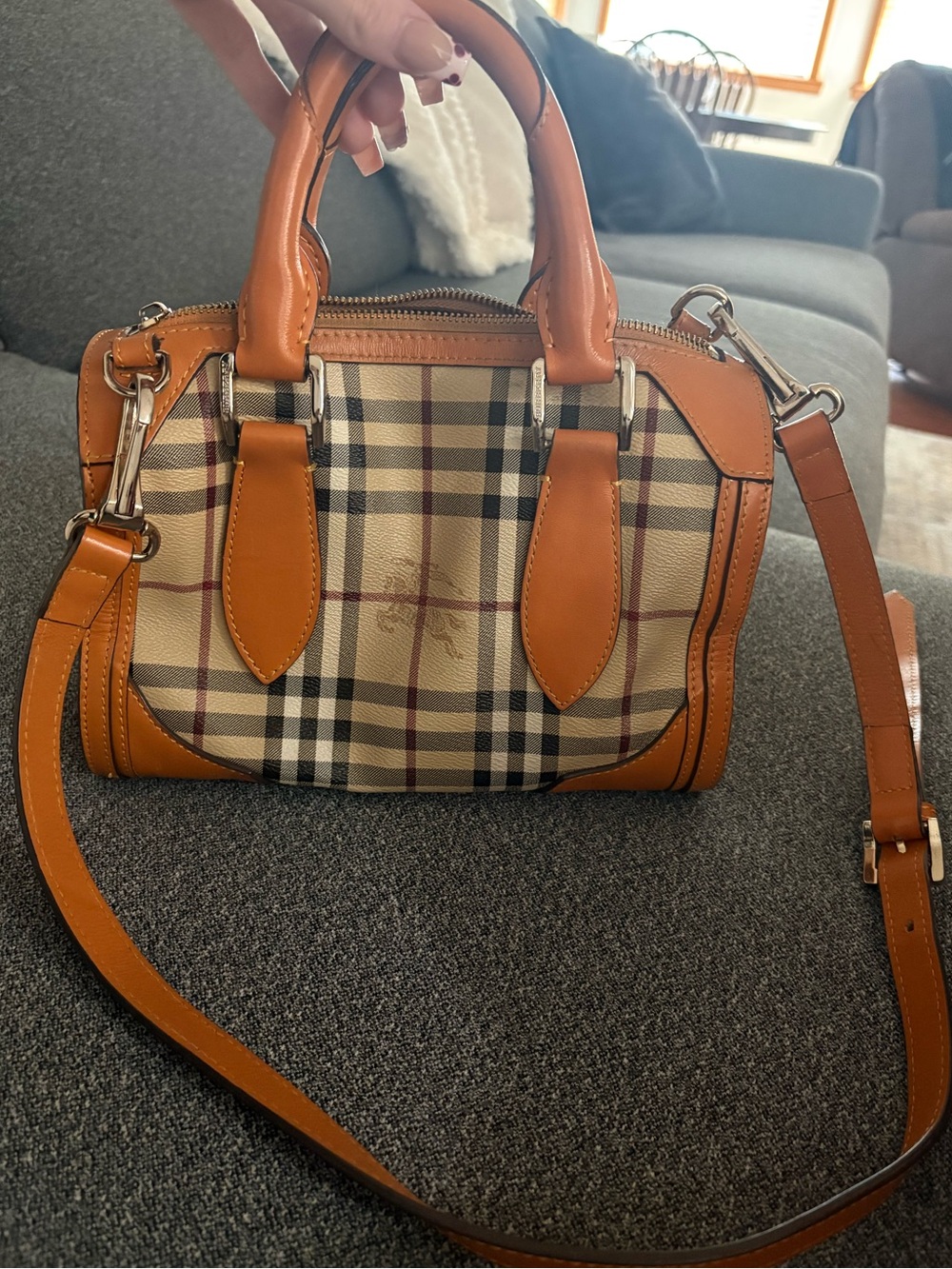 Burberry Haymarket Bowling Bag with Tan Leather Trim